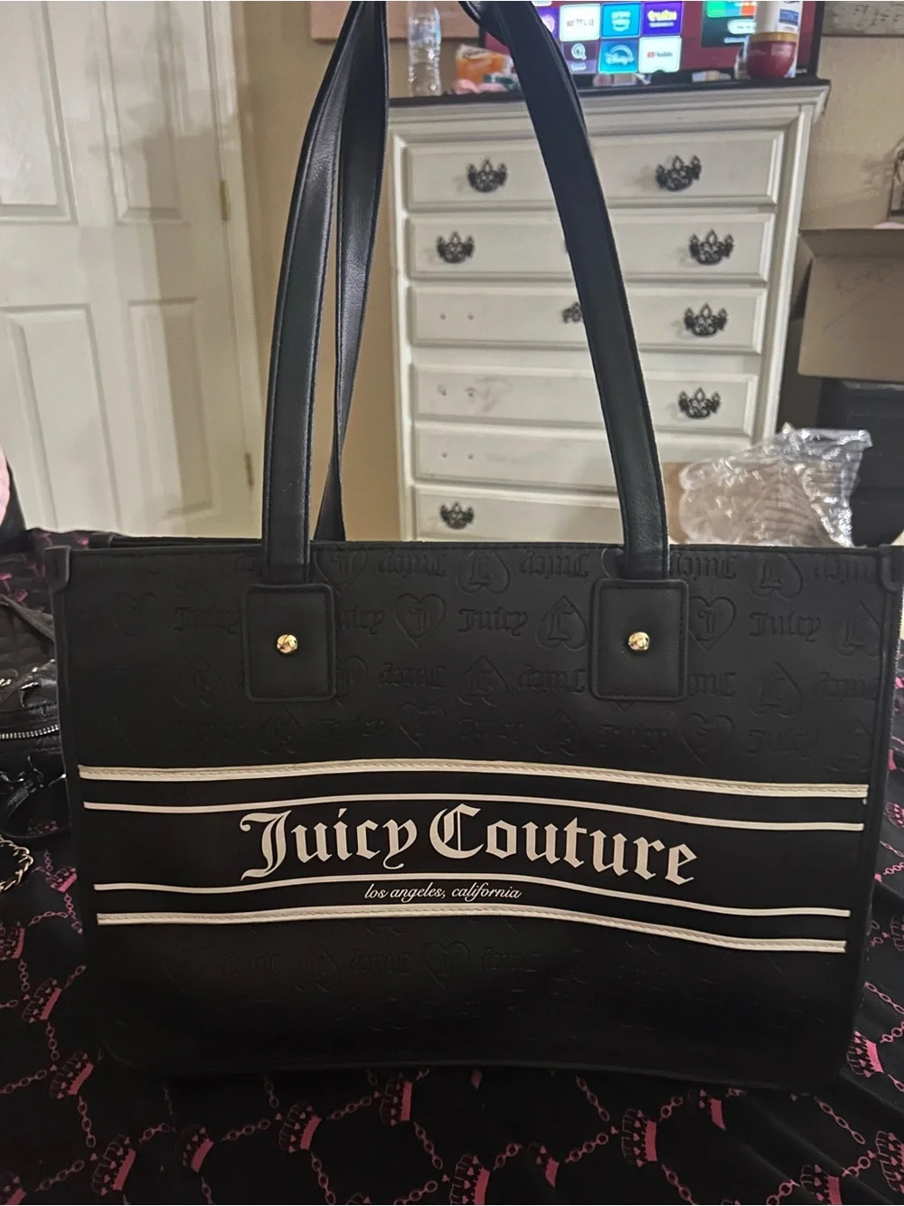 Juicy Couture Black Tote with Cream Logo Stripes